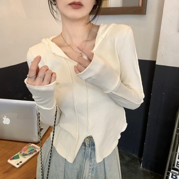 Mulheres Camisa Outono coreano Versão Slim Fit Irregular de Osso de Peixe com Capuz Tops de Manga Longa, Camisetas T-shirt Y2k Superior Kpop Crop Top